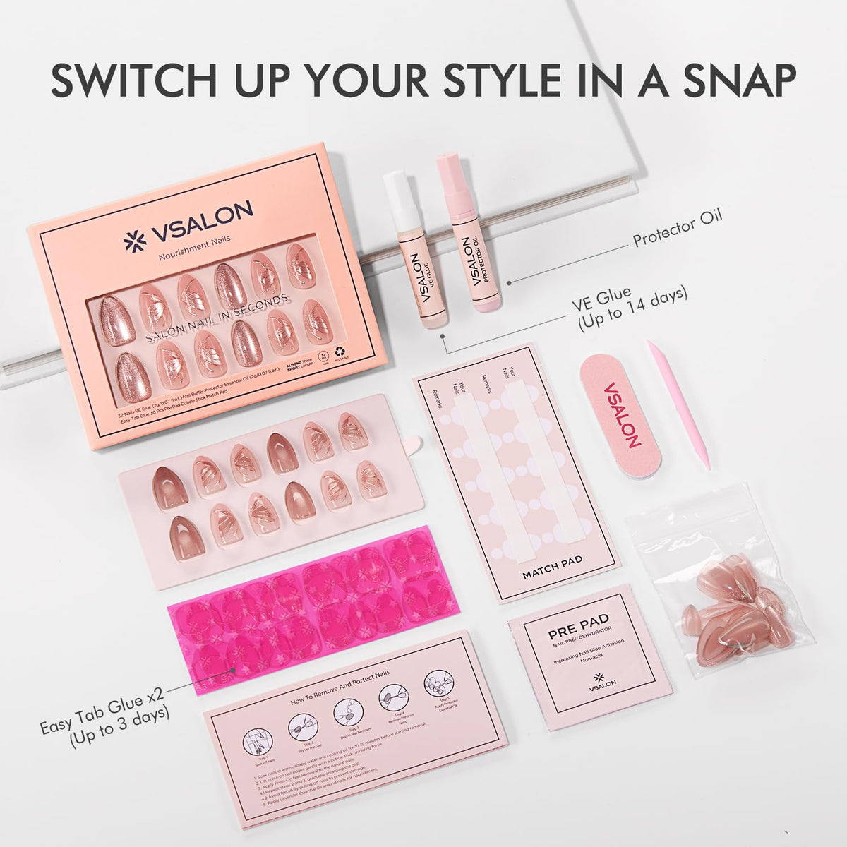 VSALON 14-day hold nails designed for extended wear with glue.
