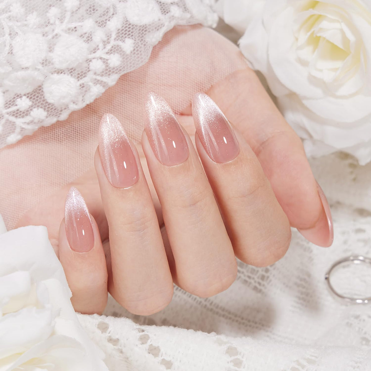 VSALON nude pink sparkle nails for versatile everyday wear