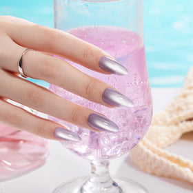 VSALON almond medium press-on nails with purple holographic cat-eye shine for salon-ready nails.