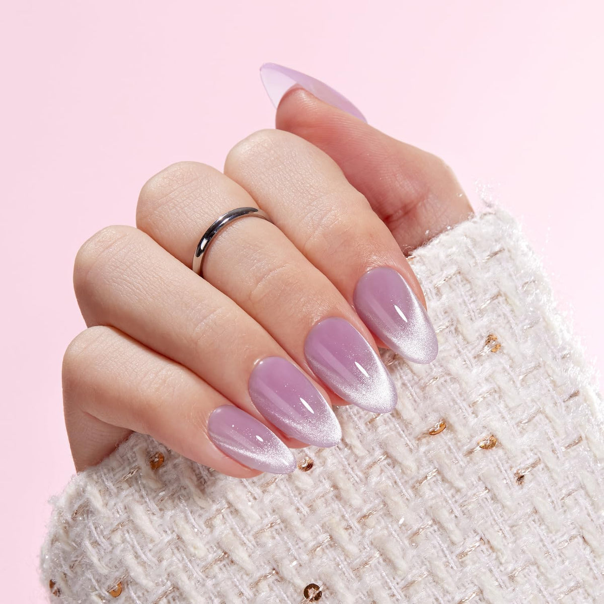 VSALON almond press-on nails pastel purple ombre back view showing length