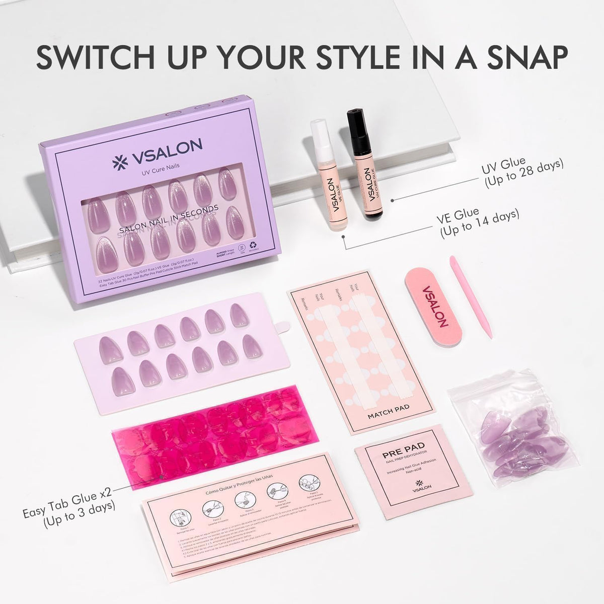 VSALON almond press-on nails pastel purple ombre close-up with cat eye shimmer