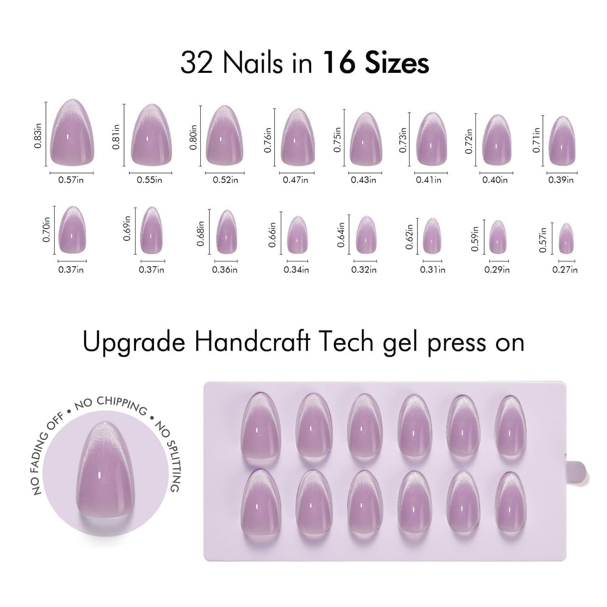 VSALON almond press-on nails pastel purple ombre in box for quick styling