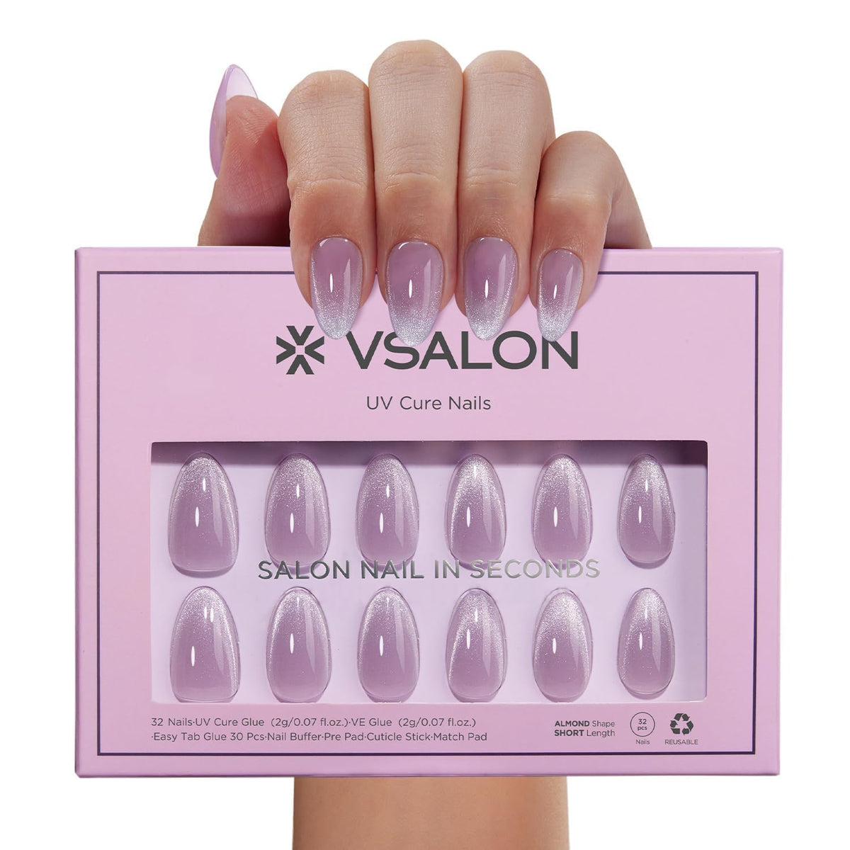 VSALON almond press-on nails pastel purple ombre on-hand display for easy shopping