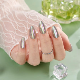 VSALON aurora glace nails with iridescent cat-eye shimmer for a luminous look.