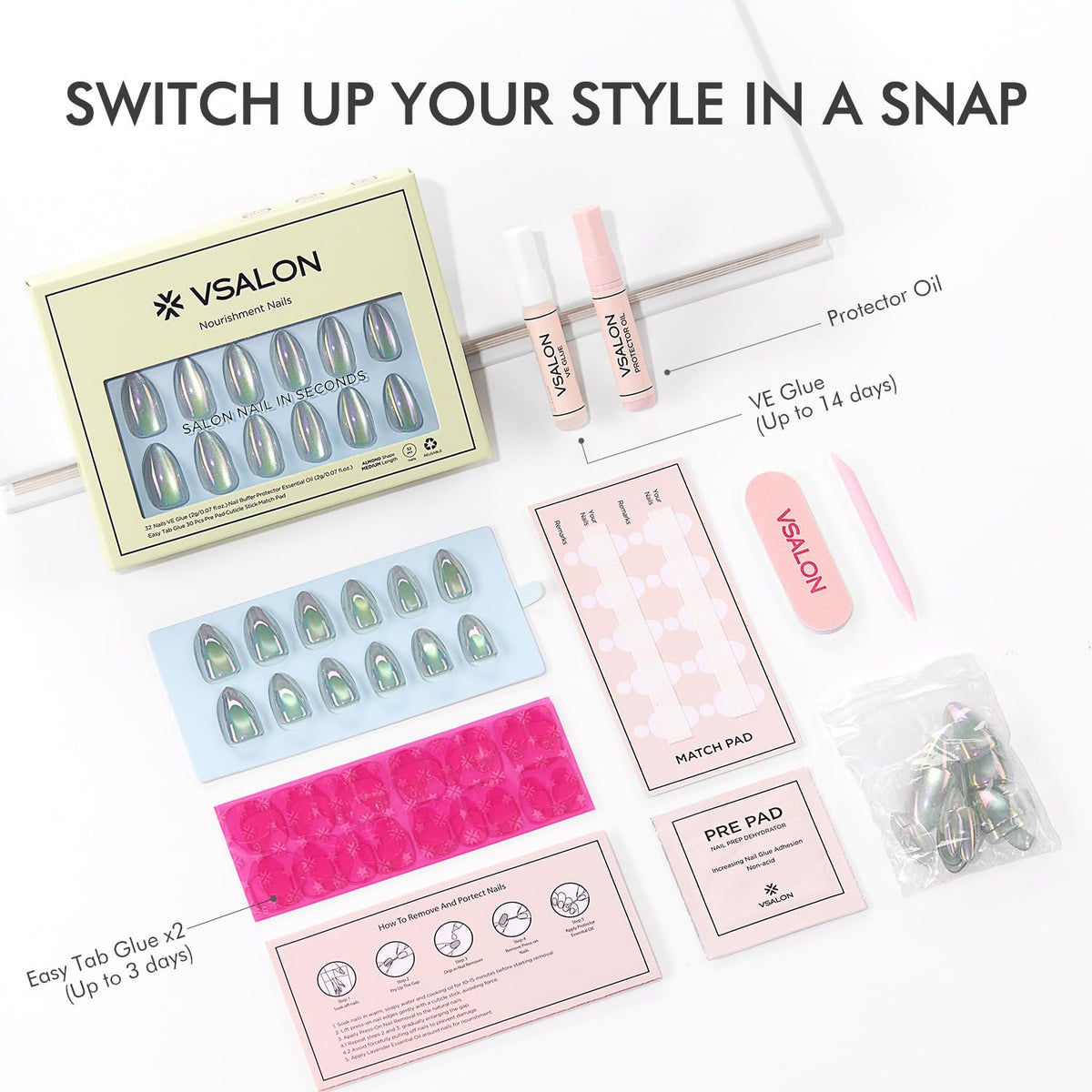VSALON holographic aurora finish on easy-to-wear nails for sparkle.