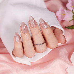 VSALON press-on nails short almond nude pink cat eye with bubble-free finish