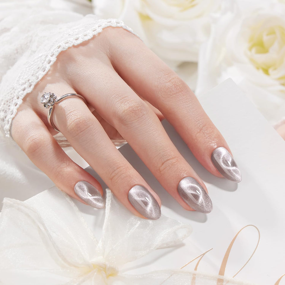 VSALON short almond cat-eye nails with silver shimmer for a salon-like at-home look.