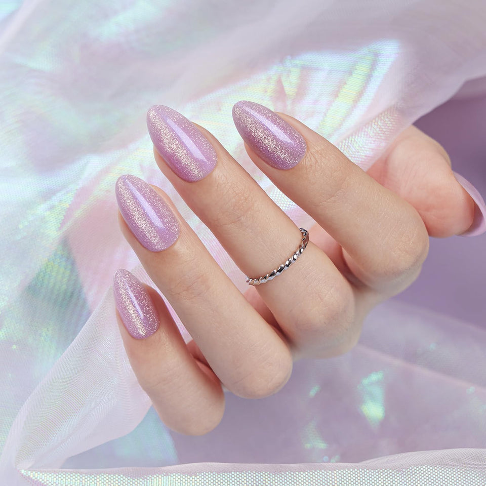 VSALON short almond nails with purple cat eye glitter for chic spring look