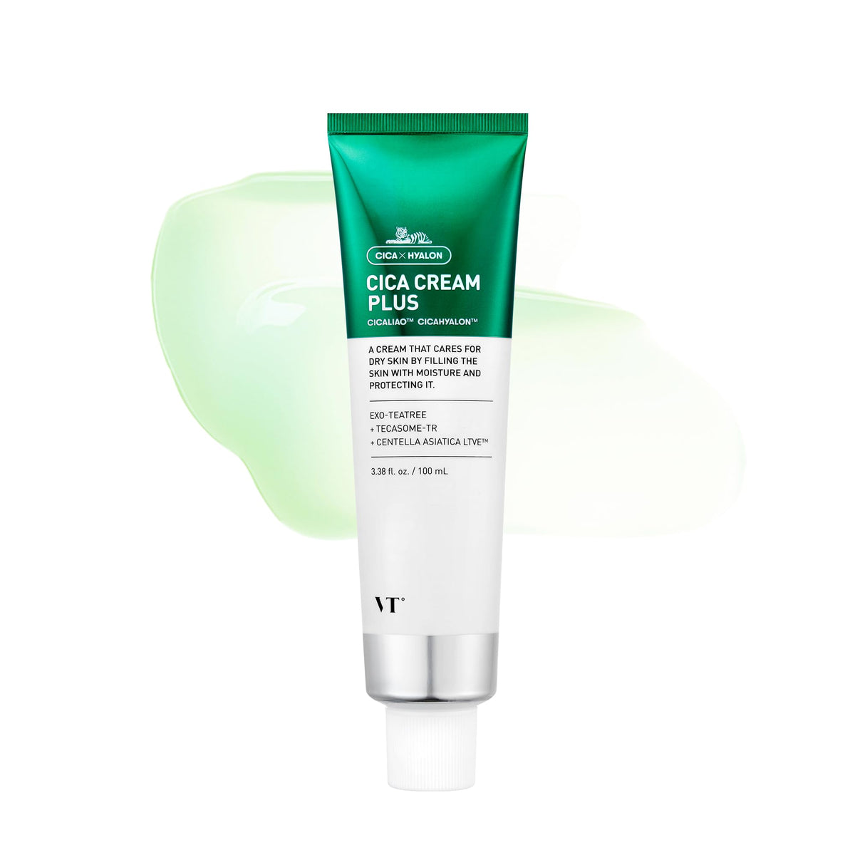VT COSMETICS Cica Cream Plus bottle close-up showing hydrating formula for calm, radiant skin.