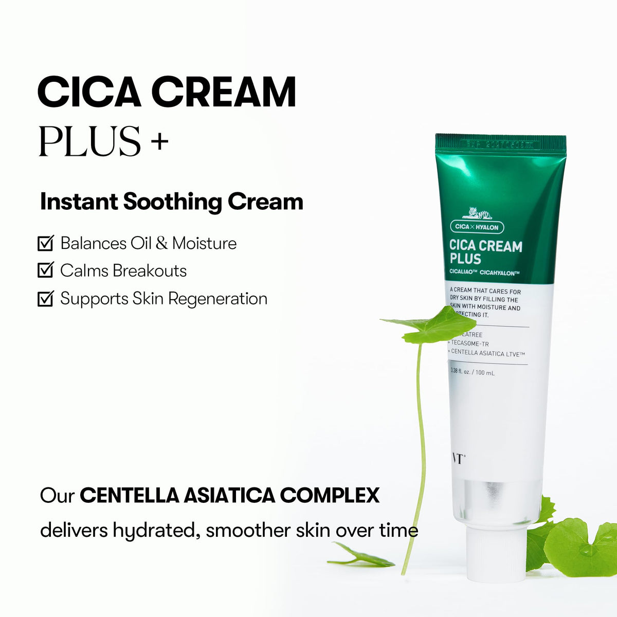 VT COSMETICS Cica Cream Plus jar close-up highlighting centella soothing and moisture-locking ingredients for sensitive skin.