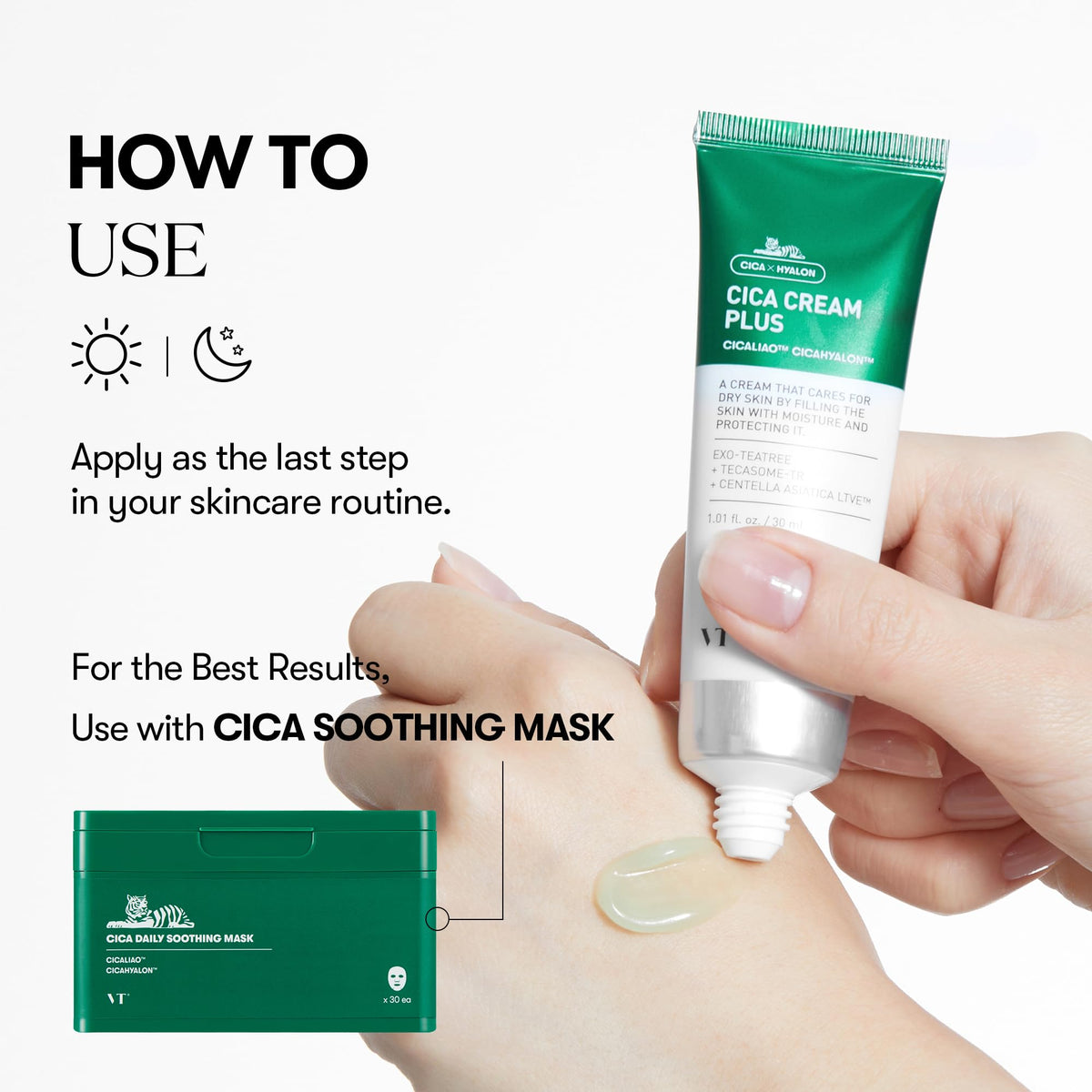 VT COSMETICS Cica Cream Plus nighttime application for overnight moisture and skin barrier support.