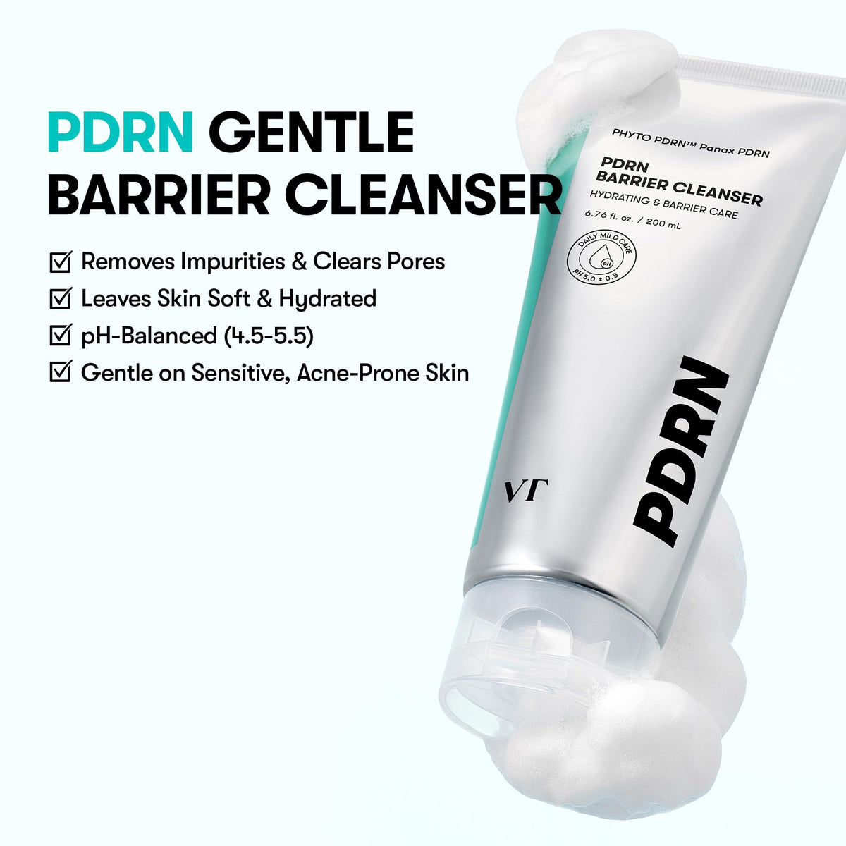 VT COSMETICS PDRN Barrier Cleanser creamy foam close-up showcases gentle, pore-clearing lather