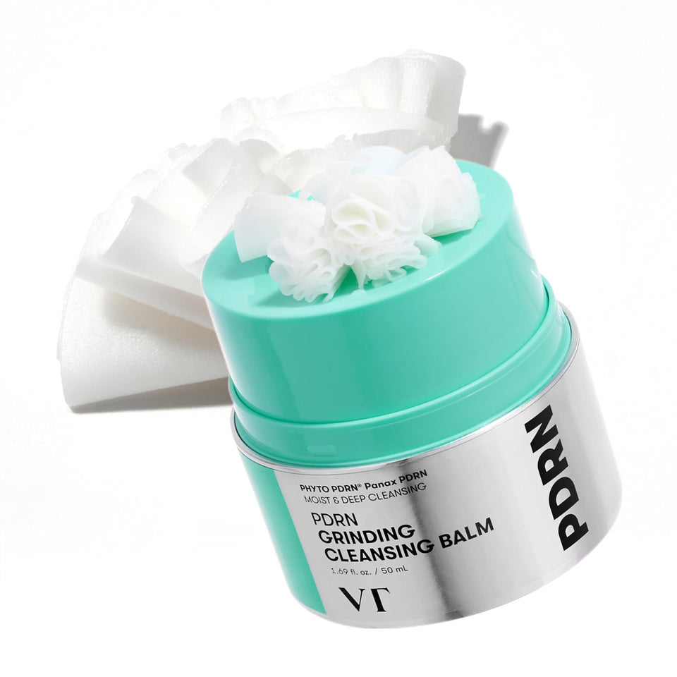 VT COSMETICS PDRN Grinding Cleansing Balm on vanity for gentle makeup removal