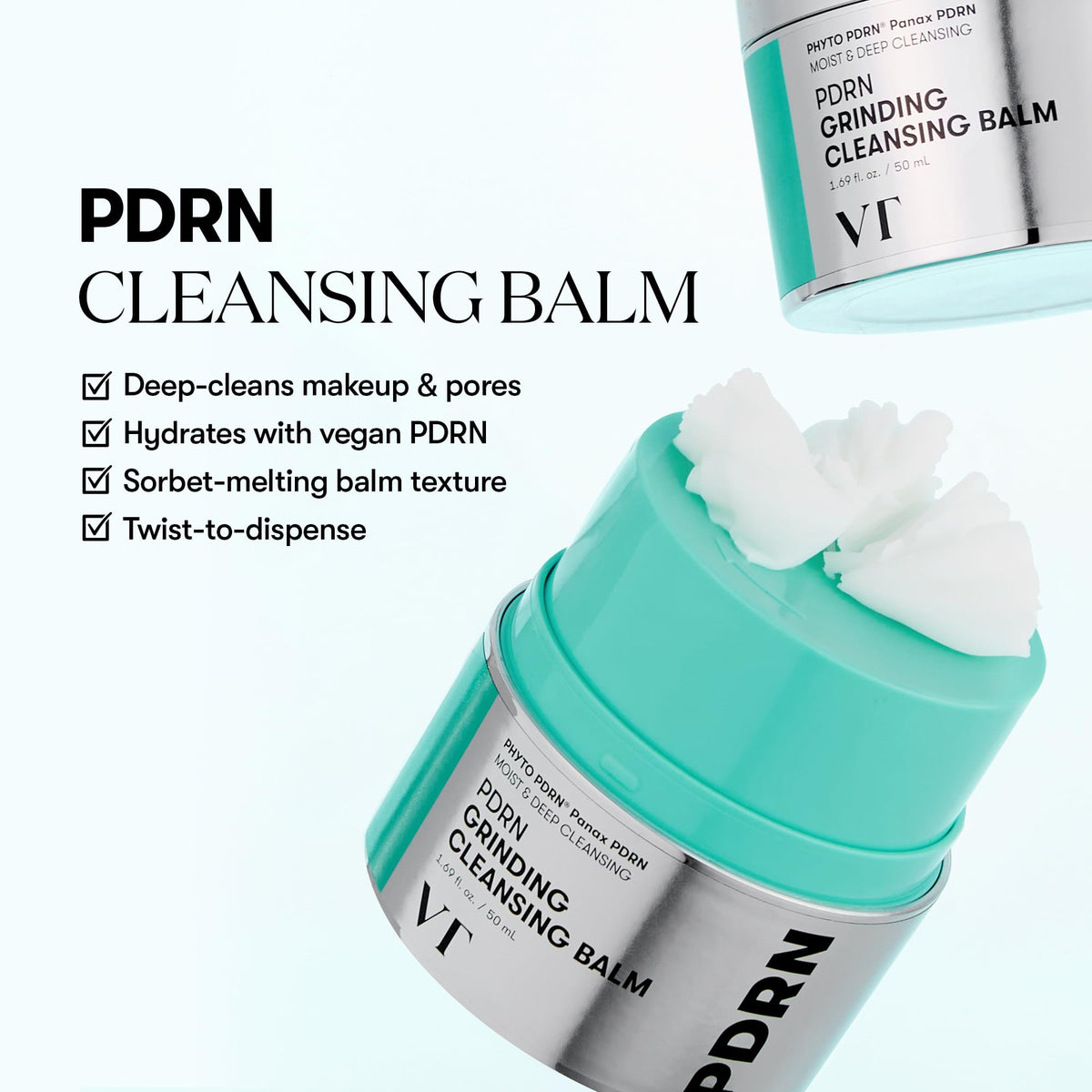 Close-up of VT COSMETICS PDRN Grinding Cleansing Balm texture melting like sorbet