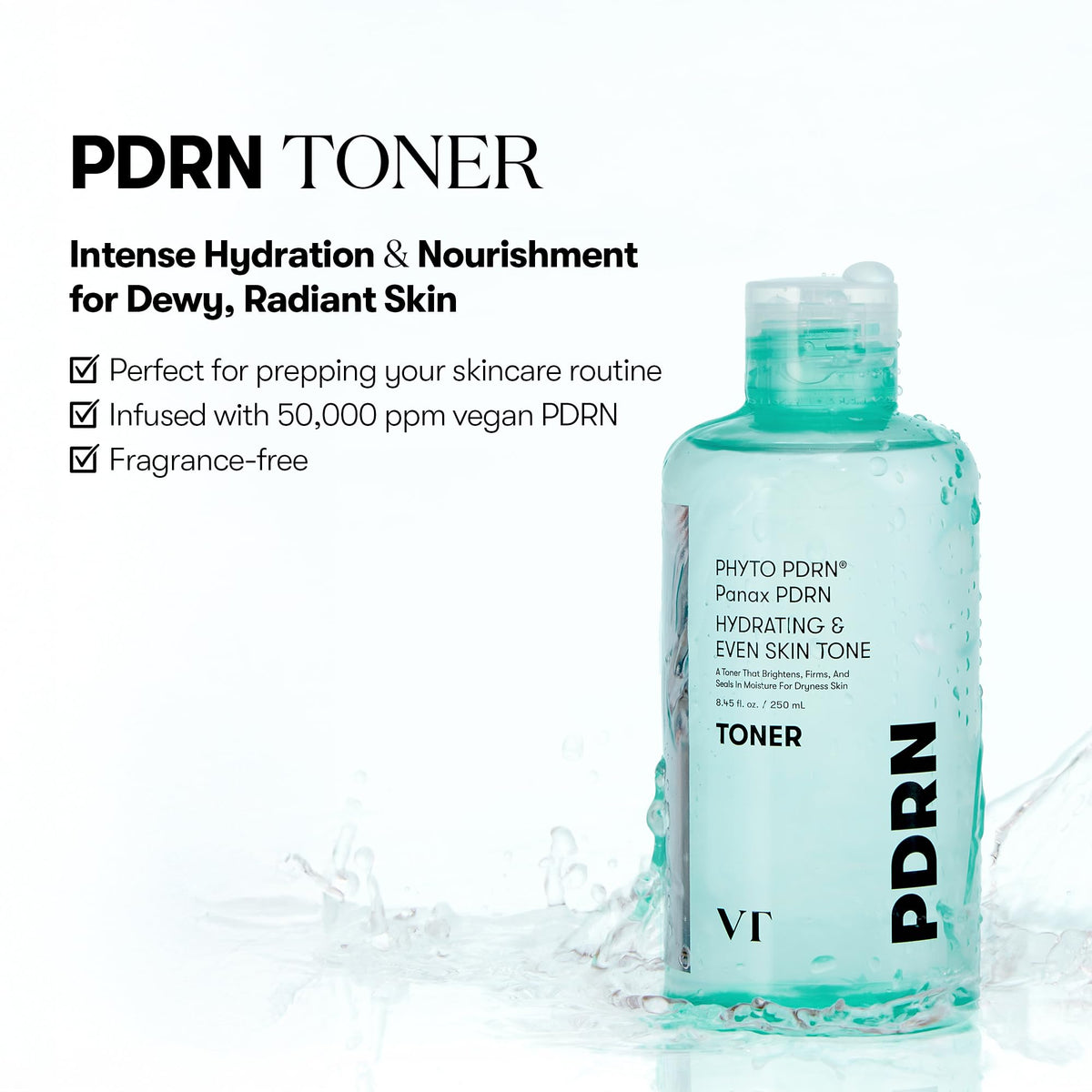 Close-up of the PDRN Toner dispenser highlights easy, mess-free application.