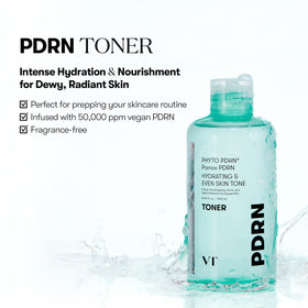 Close-up of the PDRN Toner dispenser highlights easy, mess-free application.