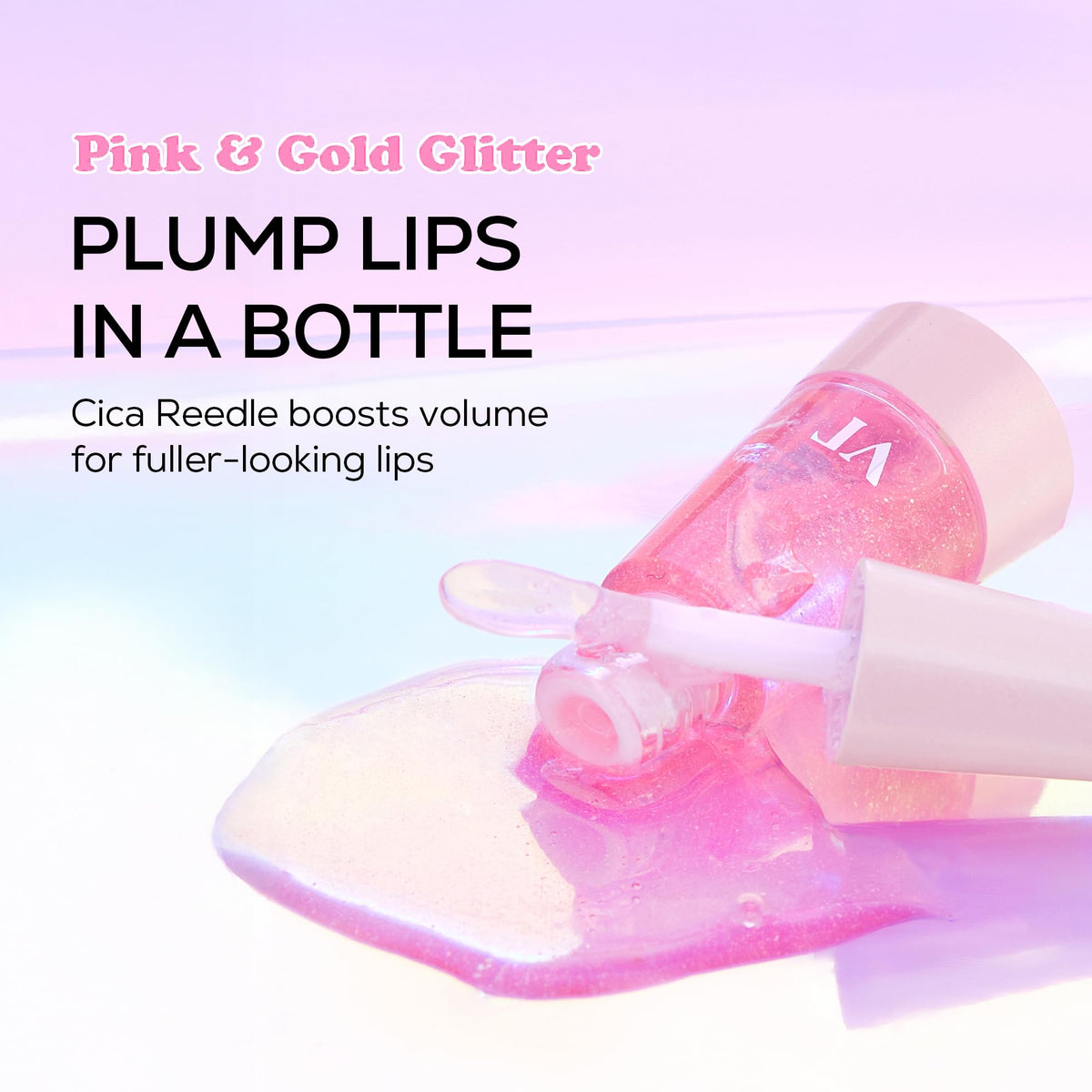 VT COSMETICS Reedle Shot Lip Plumper closeup lip-gloss highlights texture and shimmering pink tones.