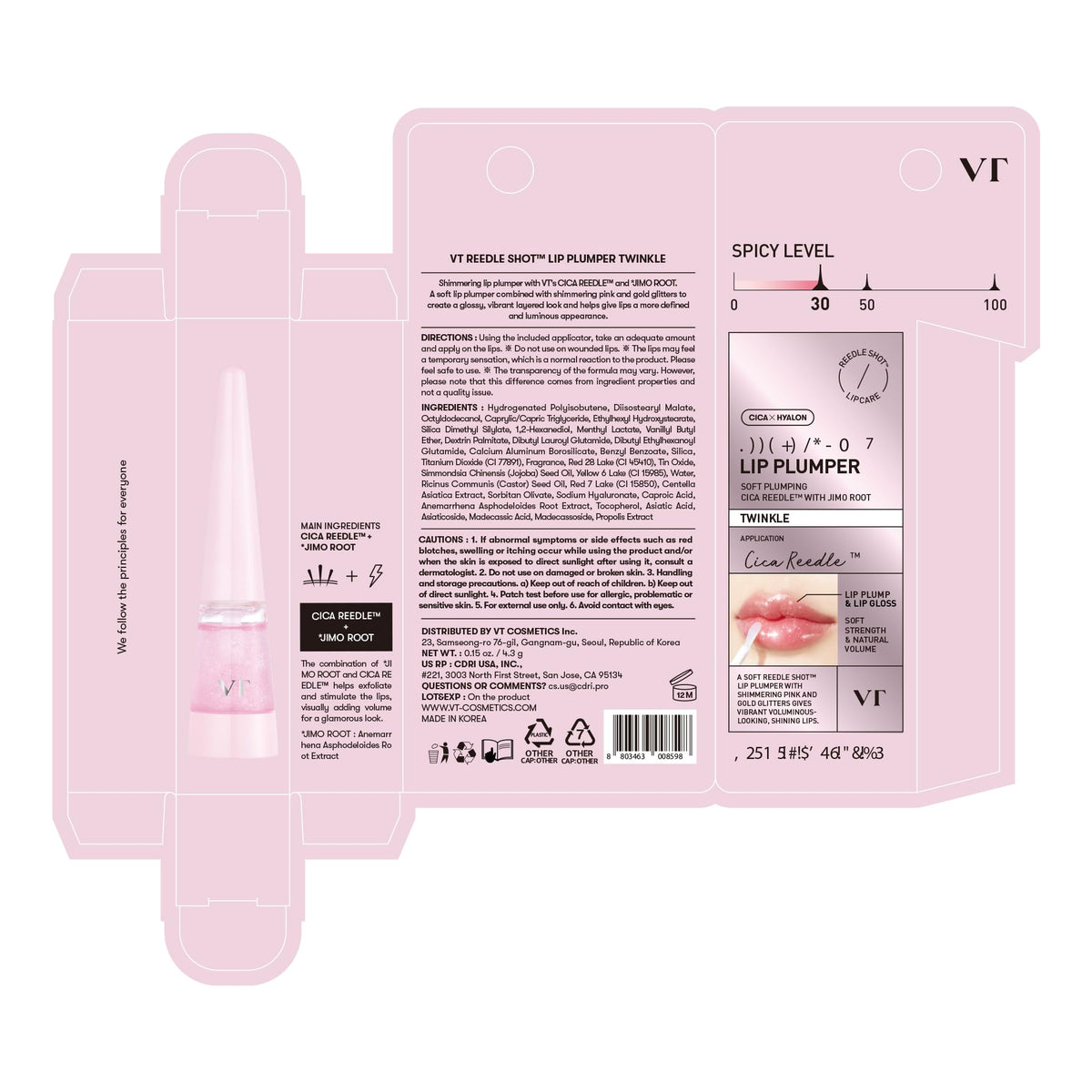 VT COSMETICS Reedle Shot Lip Plumper compact packaging fits in a purse for on-the-go gloss.