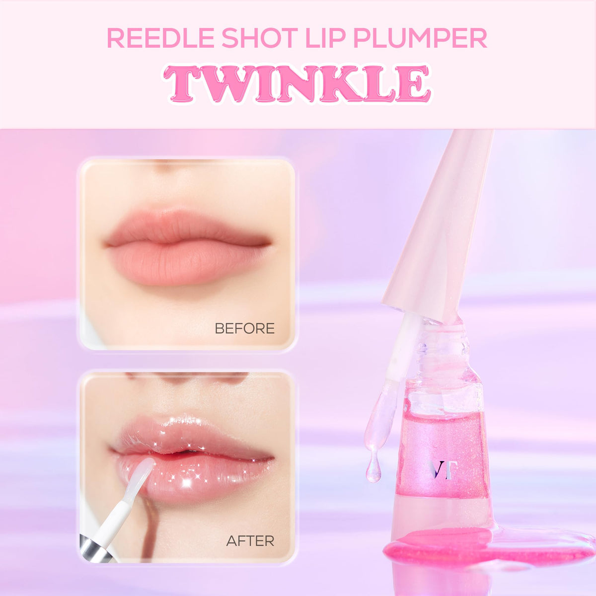 VT COSMETICS Reedle Shot Lip Plumper gloss dispense shows easy application and glossy finish.