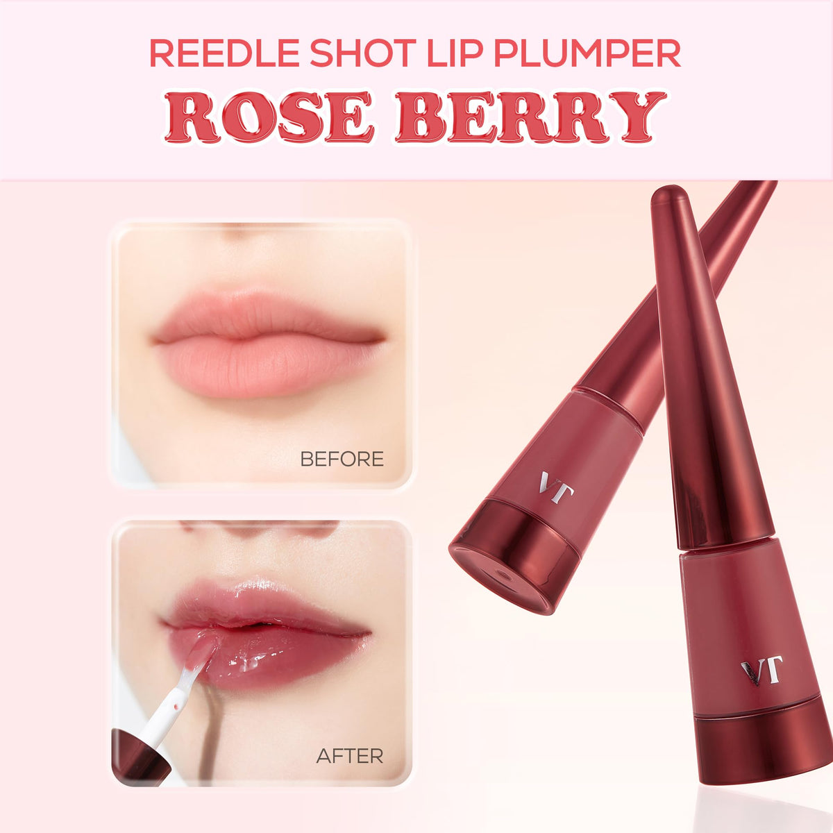 VT COSMETICS Reedle Shot Lip Plumper Rose Berry application for rosy glow