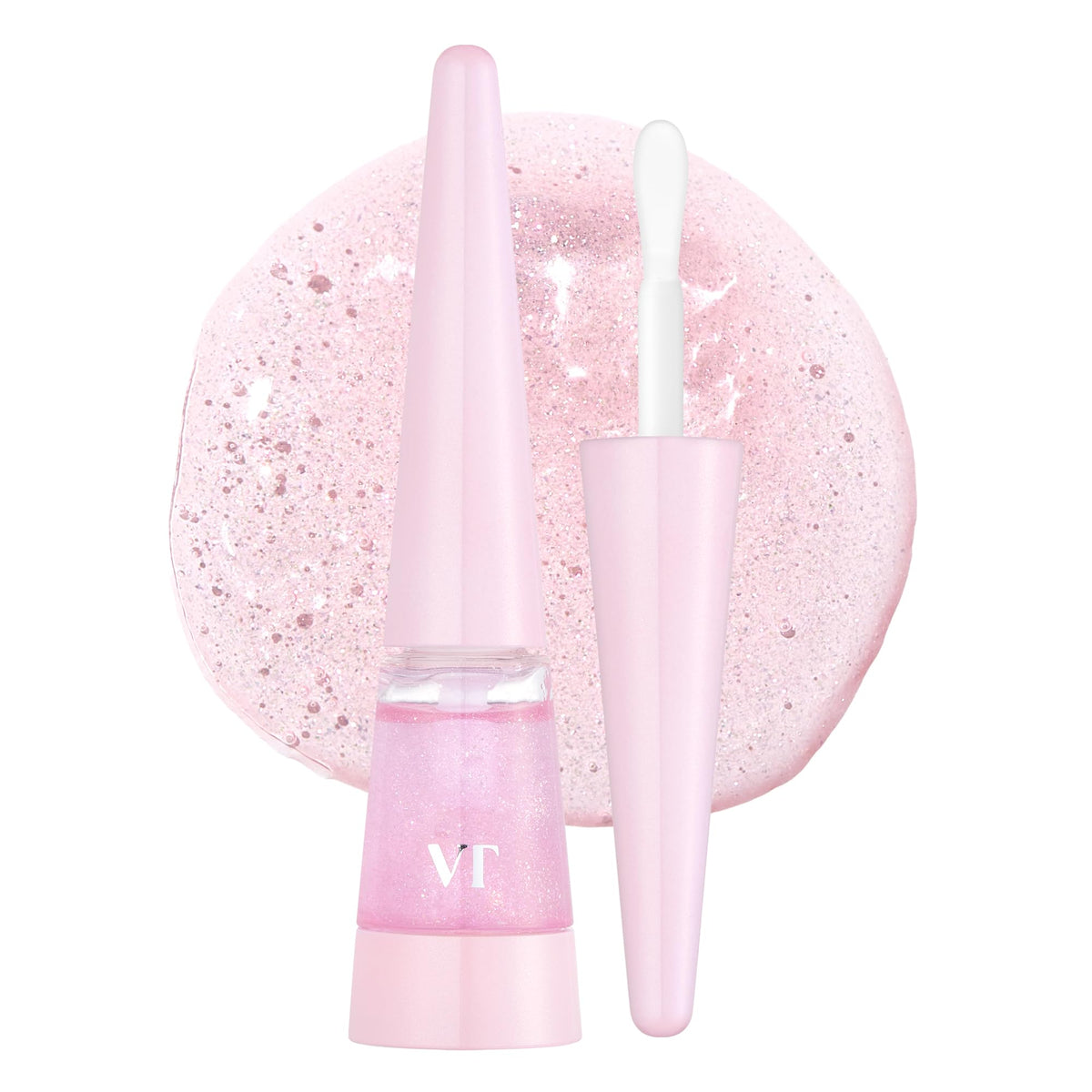 VT COSMETICS Reedle Shot Lip Plumper Twinkle Glitter bottle sparkles with pink glow.