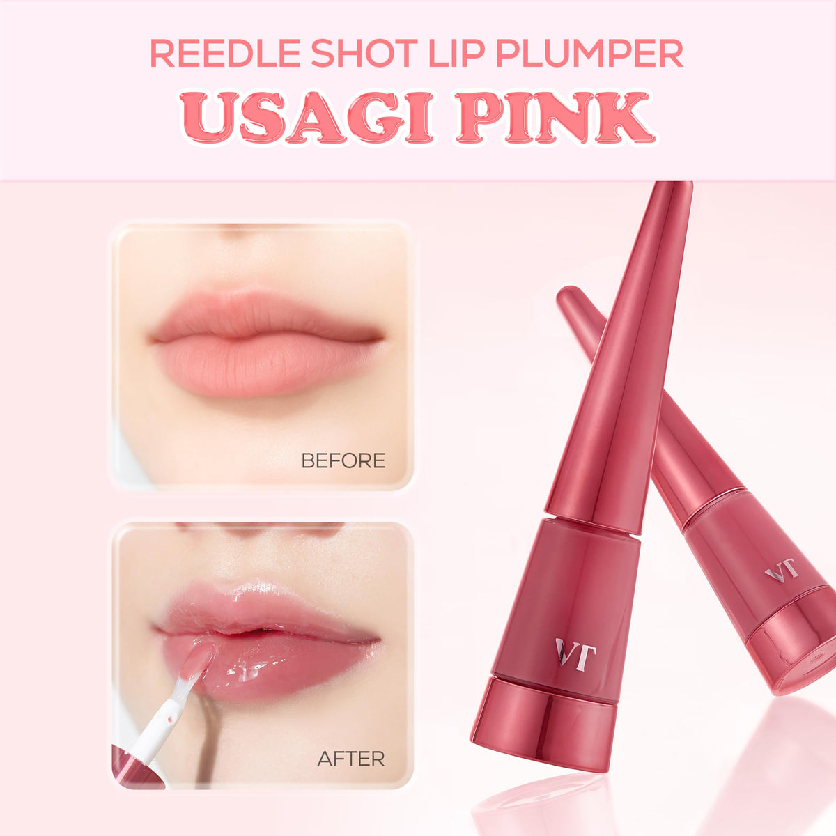 VT Cosmetics Reedle Shot Lip Plumper Usagi Pink adds milky pink sheen for daily glow.
