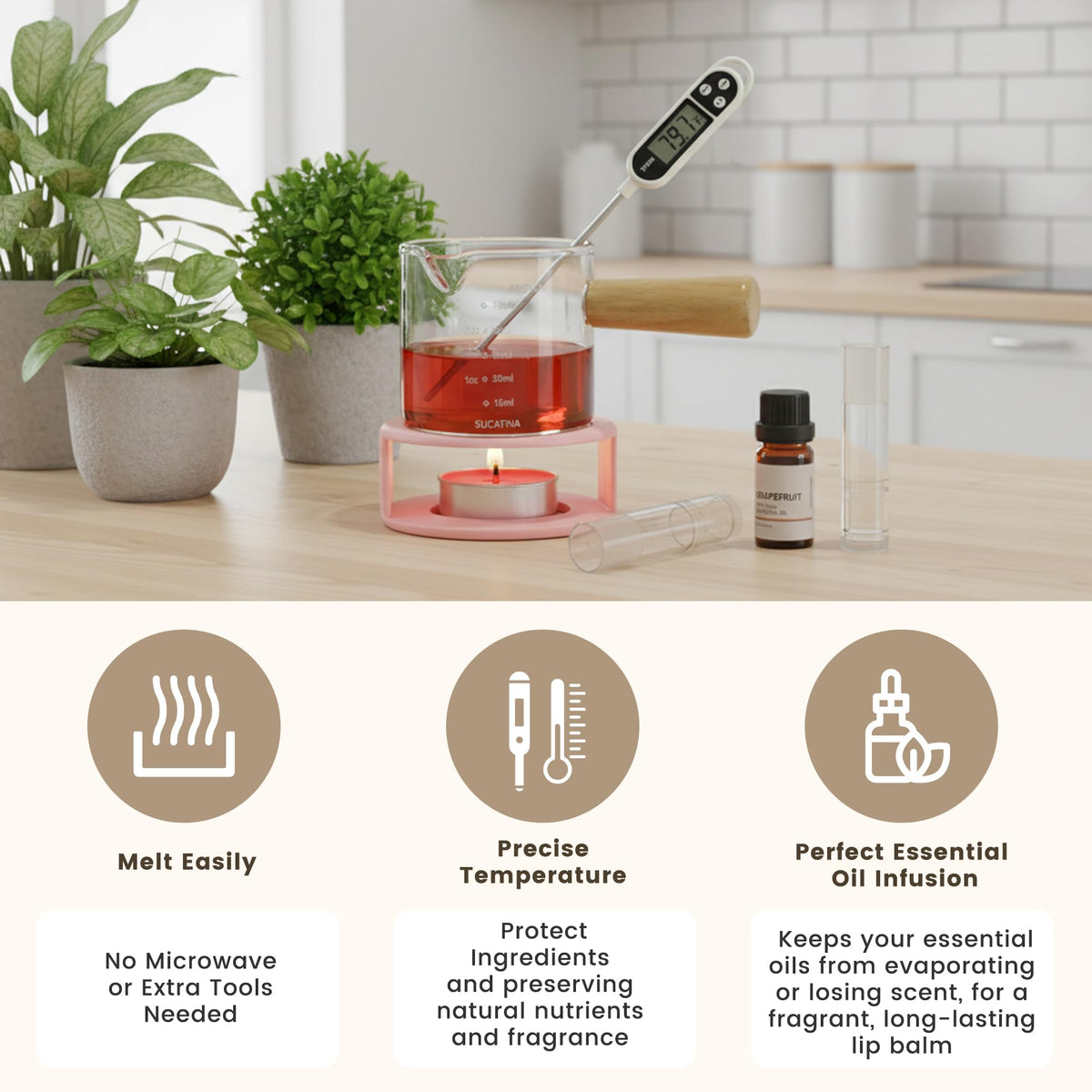 VUSIBA essential oils provide scent blends like Sweet Orange or Lavender.
