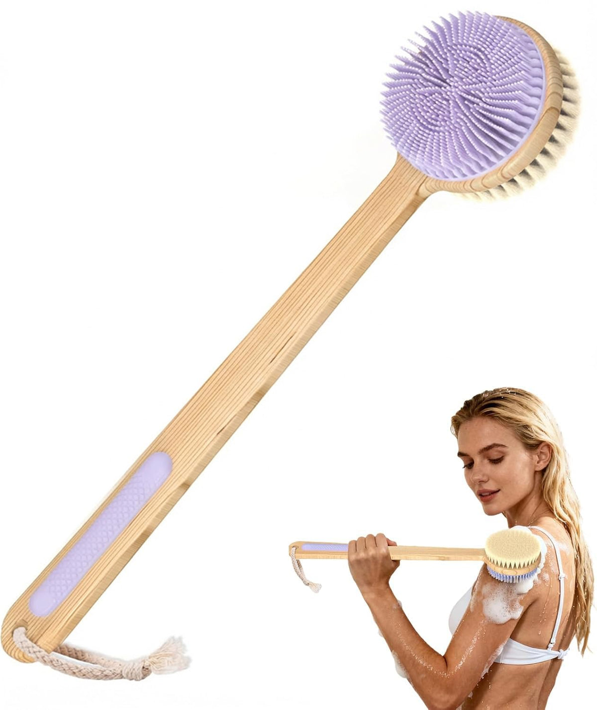 VWMYQ back scrubber with dual bristle sides for a thorough back cleanse.