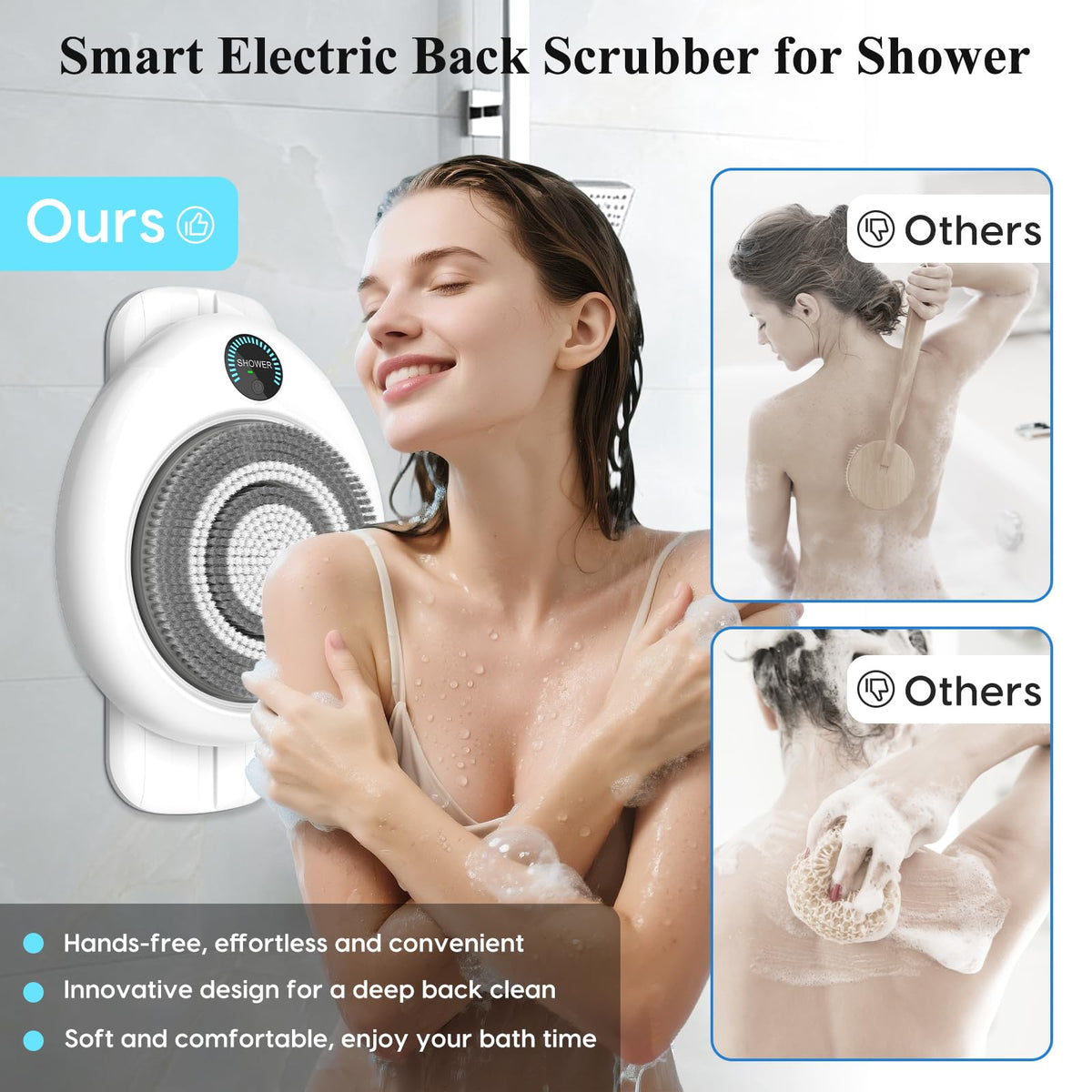 VWMYQ back scrubber with 360-degree rotation for thorough cleansing.
