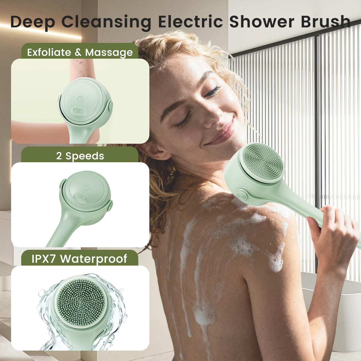 VWMYQ electric back scrubber with rechargeable battery for cordless shower use.