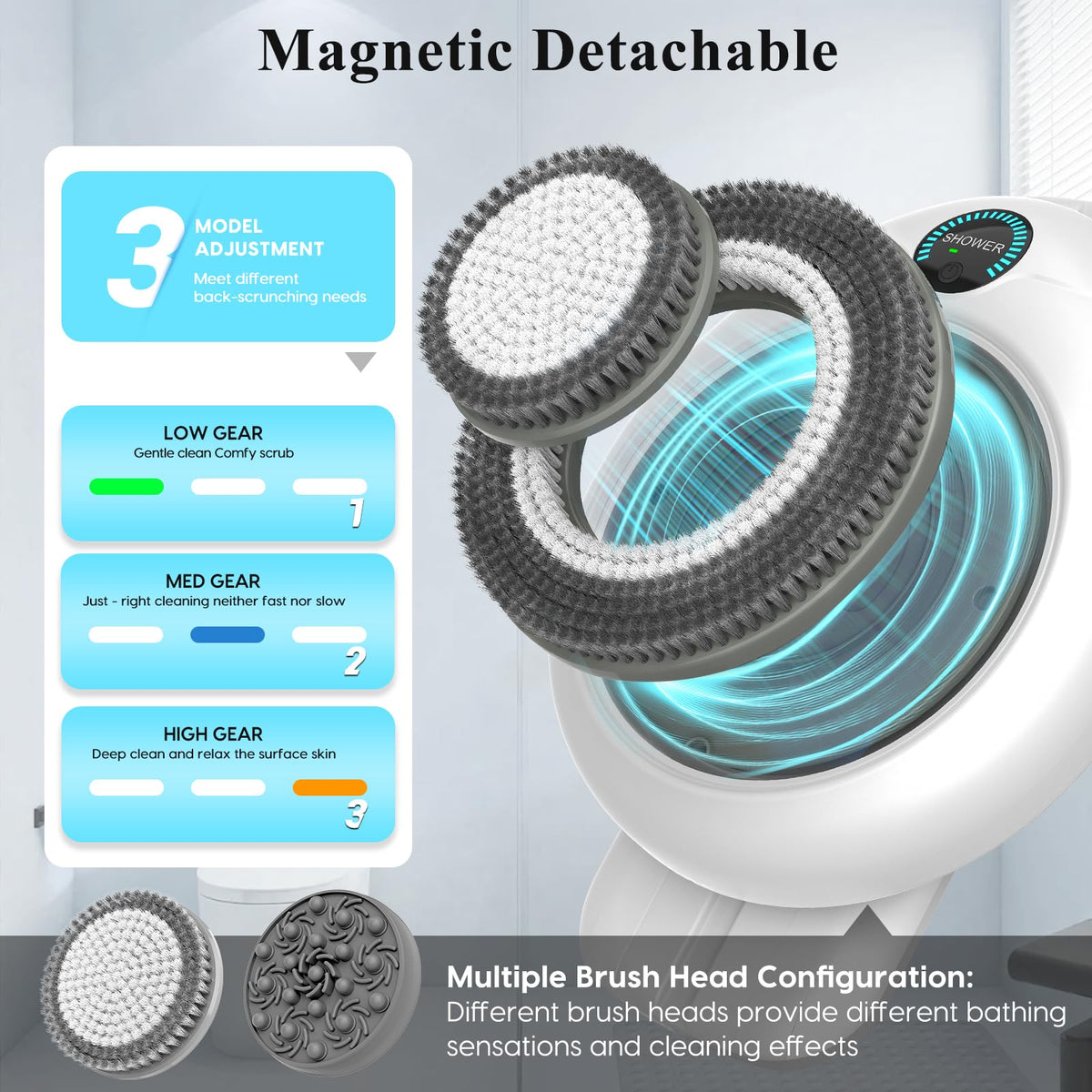 VWMYQ IPX7 waterproof shower brush for safe use in wet bathrooms.
