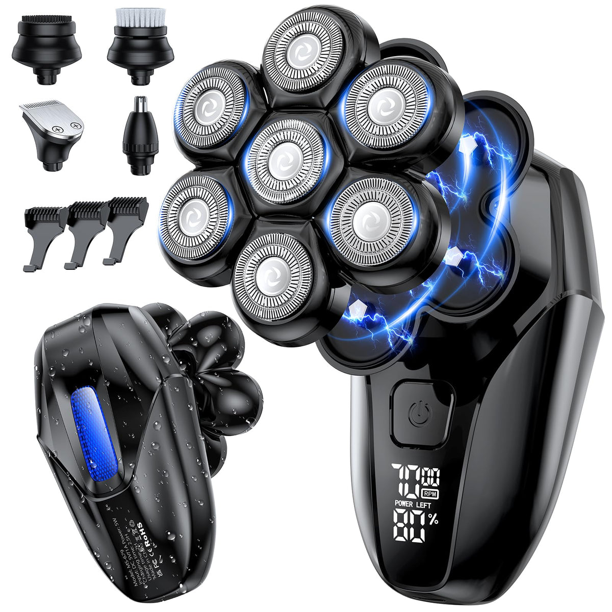 Vylto head shaver close-up showing 7D blades for a precise bald shave.