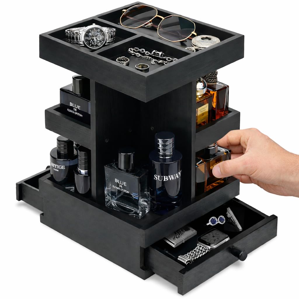 VYNOPA rotating cologne organizer angle view showing multi-tier display for easy access