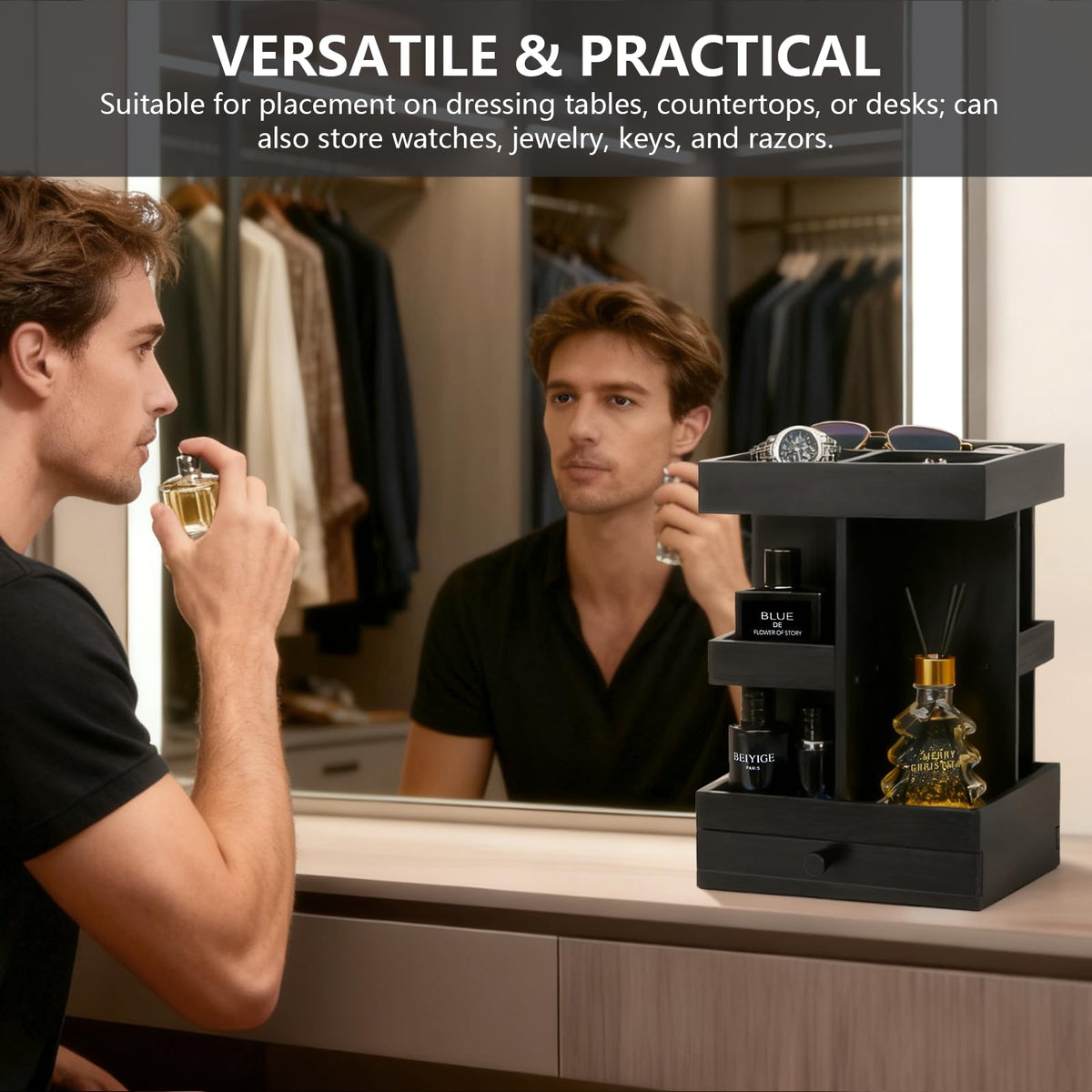 VYNOPA rotating cologne organizer on a dresser with organized space