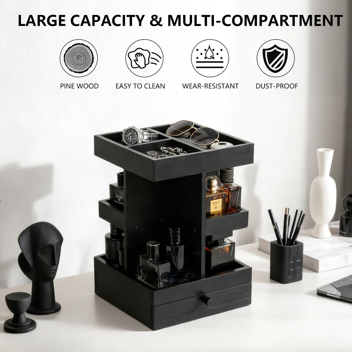 VYNOPA rotating cologne organizer solid pine wood construction seen from side