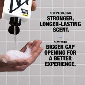 Made-in-USA badge on W By Jake Paul body wash bottle