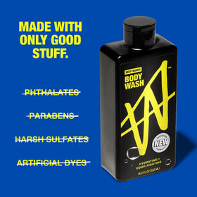 W Jake Paul Body Wash bottle label highlights clean ingredients and hydrating formula