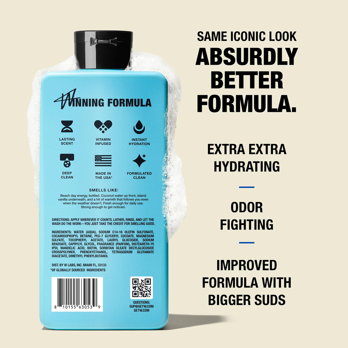 W Jake Paul body wash bottle pour demonstrates generous lather for easy washing.