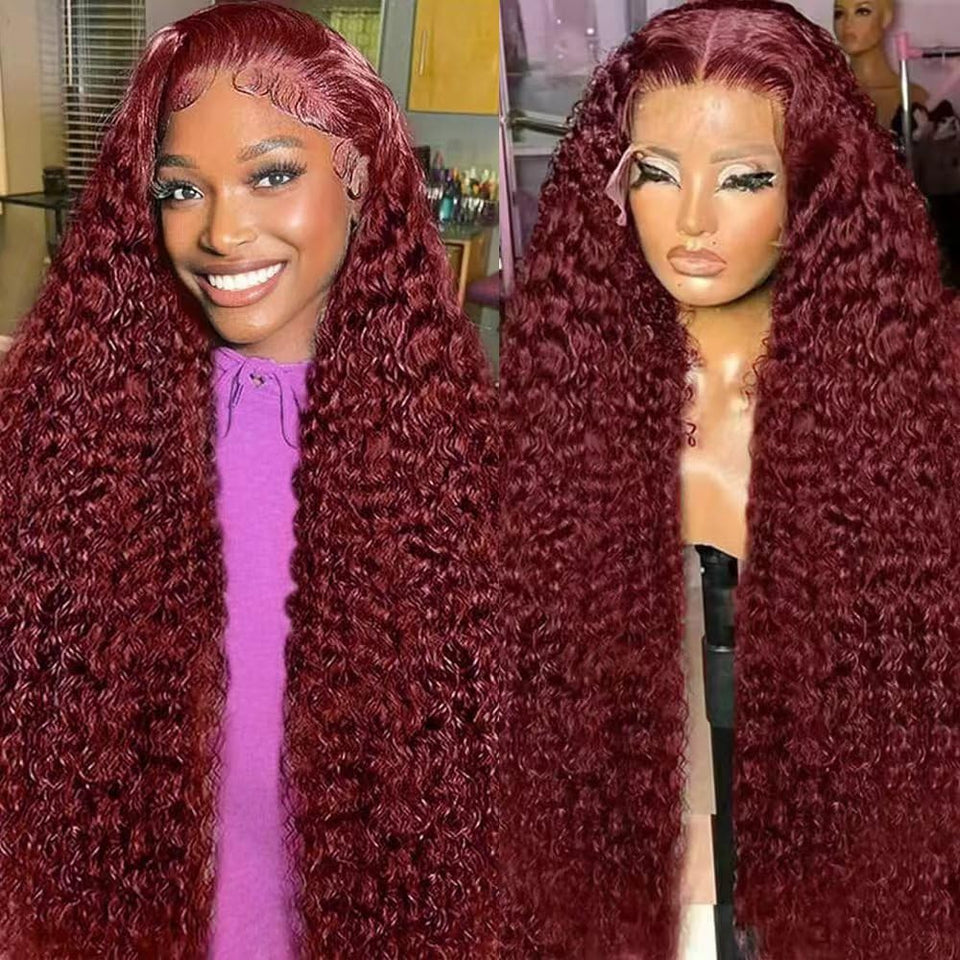 WAAHRR burgundy deep wave lace front wig, 30 inch length, natural movement