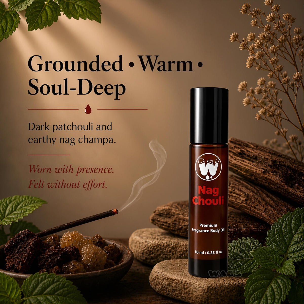 WagsMarket Nag Chouli fragrance oil bottle featuring MasterScent blend.