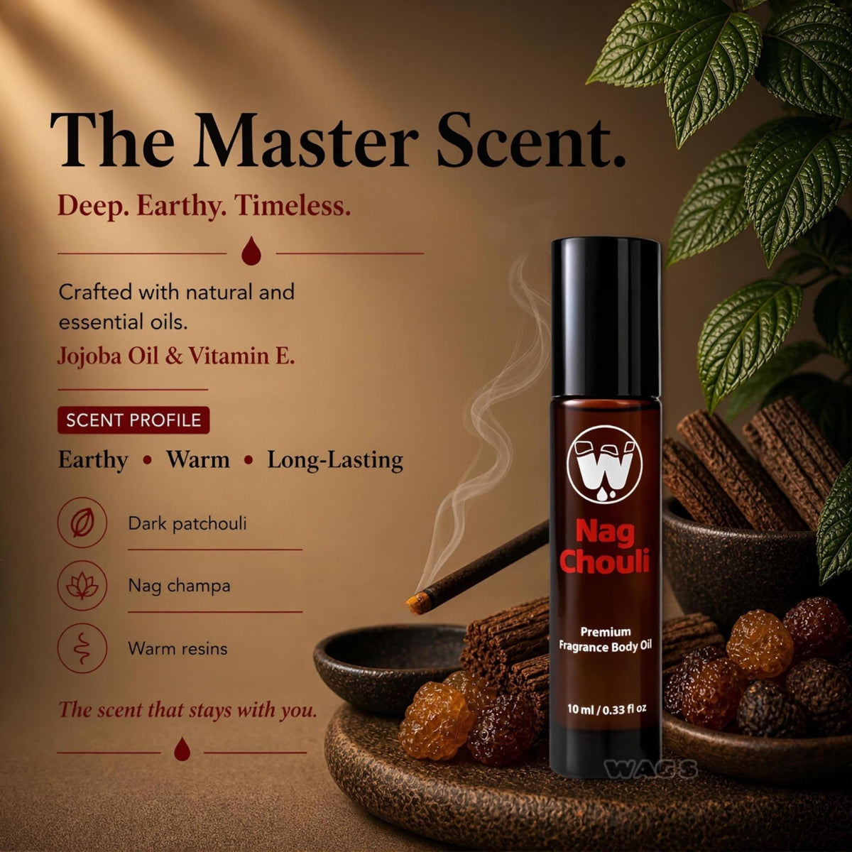 WagsMarket Nag Chouli patchouli oil dropper close-up for precise application.