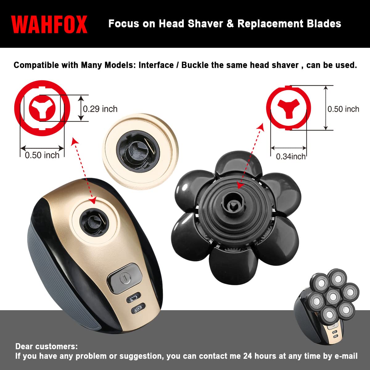 WAHFOX head shaver replacement heads close-up highlighting flexible 7D design for contour following.