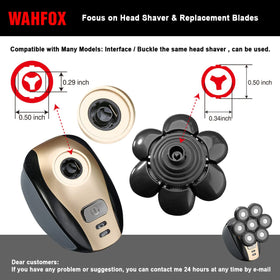 WAHFOX head shaver replacement heads close-up highlighting flexible 7D design for contour following.