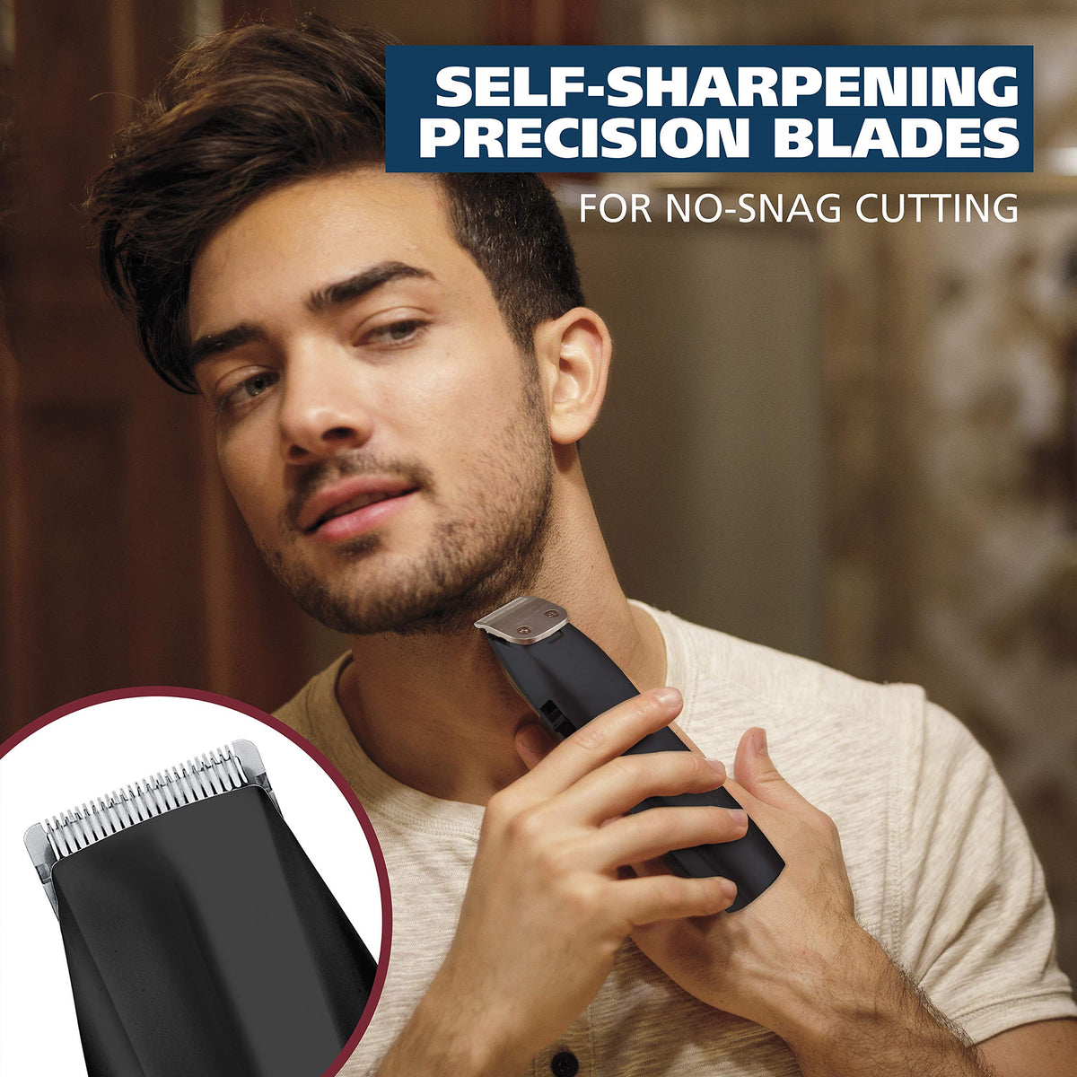 Wahl ear, nose, and brow trimmer for safe trimming in hard-to-reach areas.