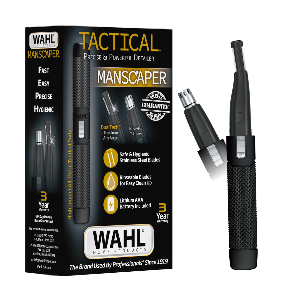 Wahl Manscaper front view with rugged all-metal body for on-the-go grooming