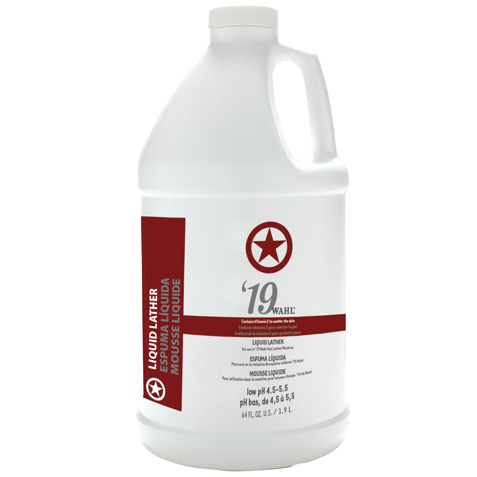 Wahl Professional 19 premixed liquid lather bottle being poured for fast prep.