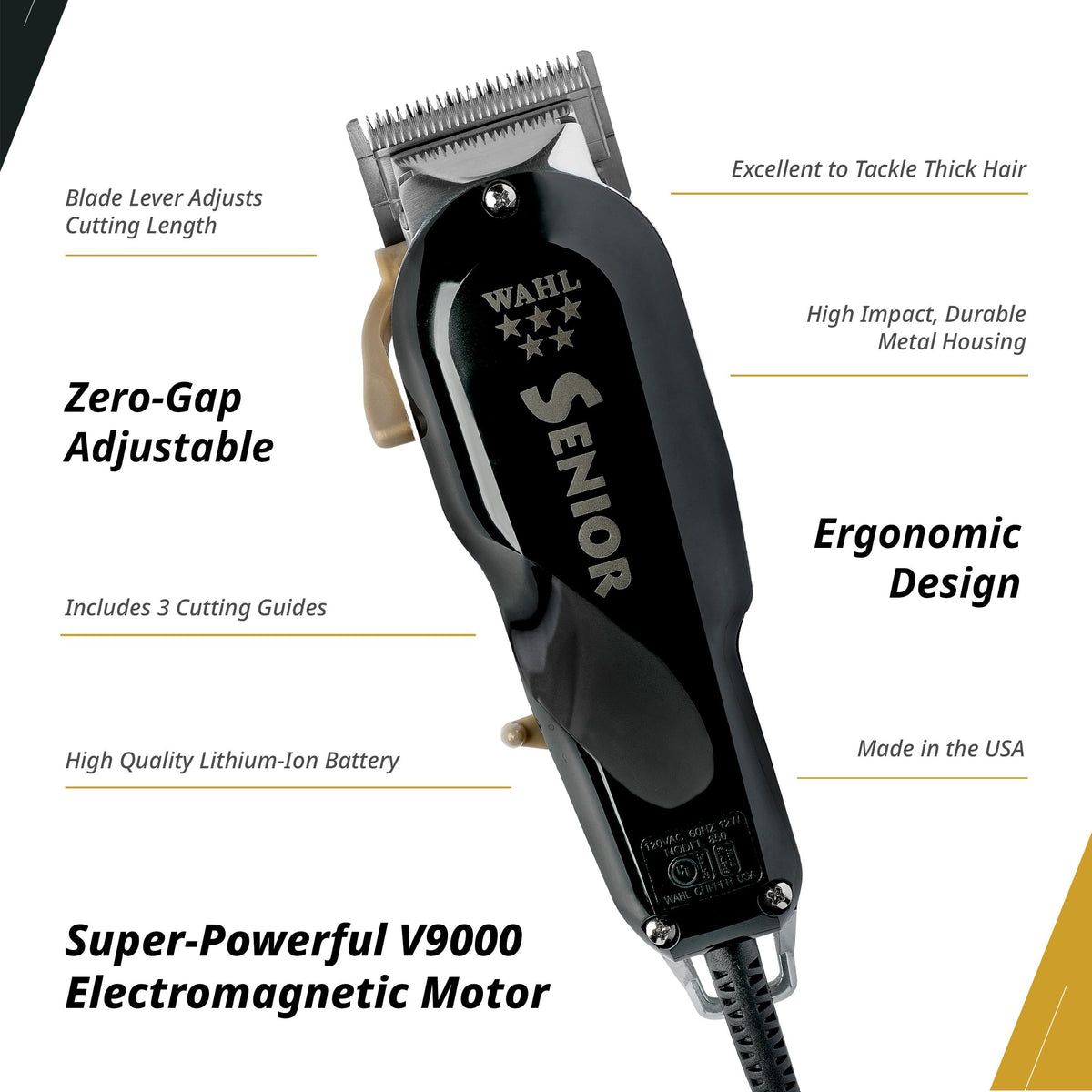 Wahl 5 Star Senior Clipper motor close-up featuring V9000 efficiency and cooling