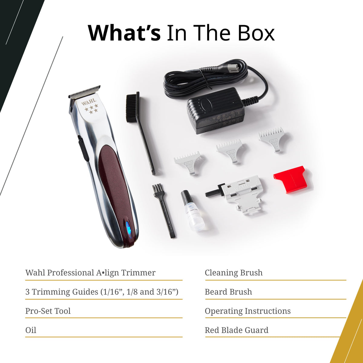 Complete kit includes attachments, brush, oil, and instructions for Wahl Align Trimmer.