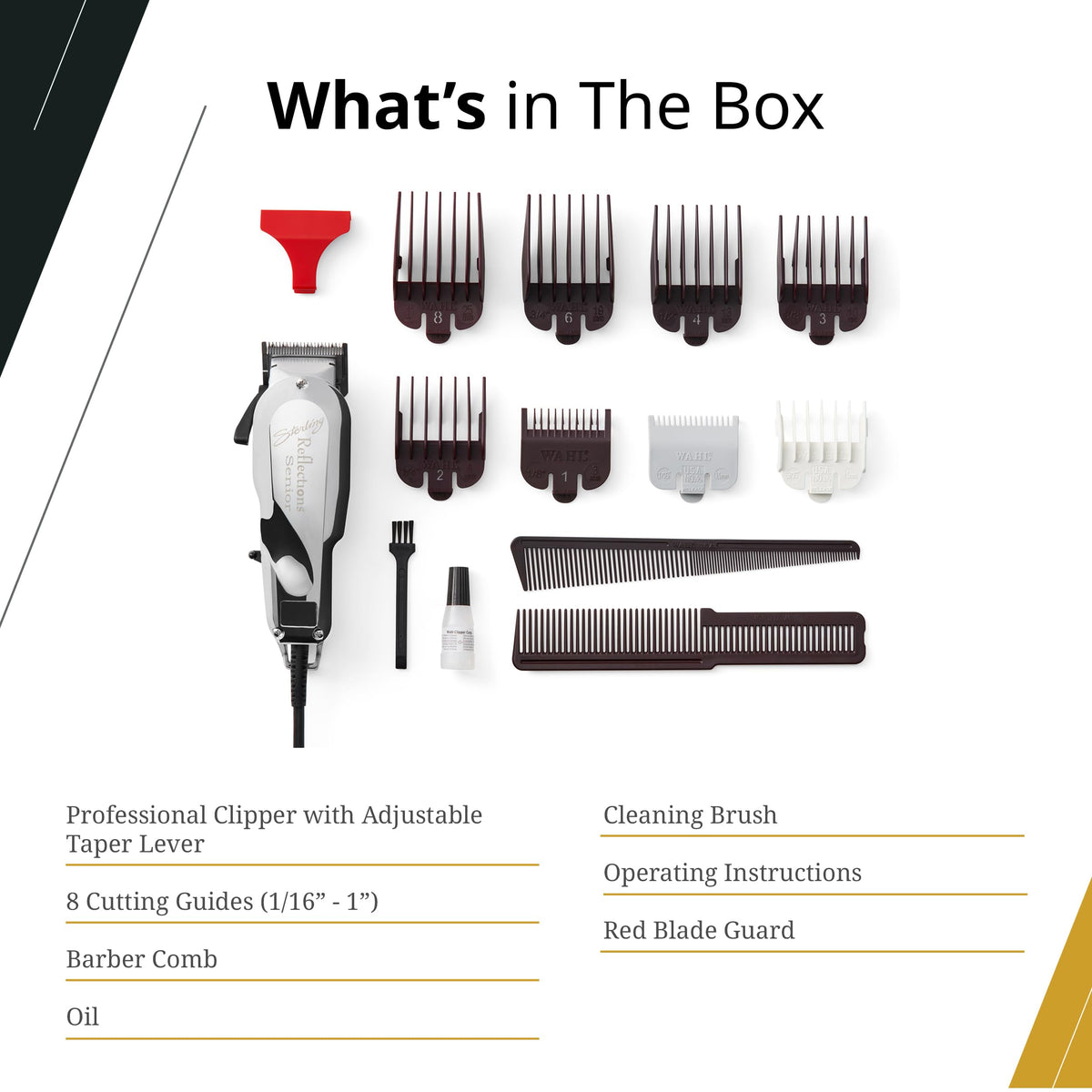 Complete kit with styling comb, oil, and cleaning brush for maintenance.