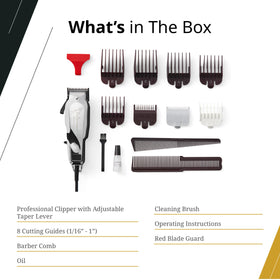 Complete kit with styling comb, oil, and cleaning brush for maintenance.